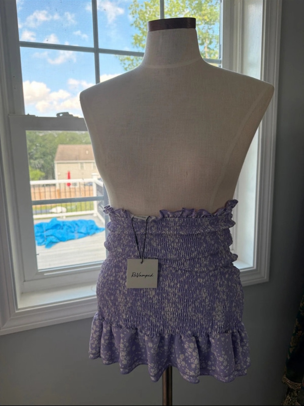 Purple Floral Smocked Pencil Skirt with Ruffle Hem